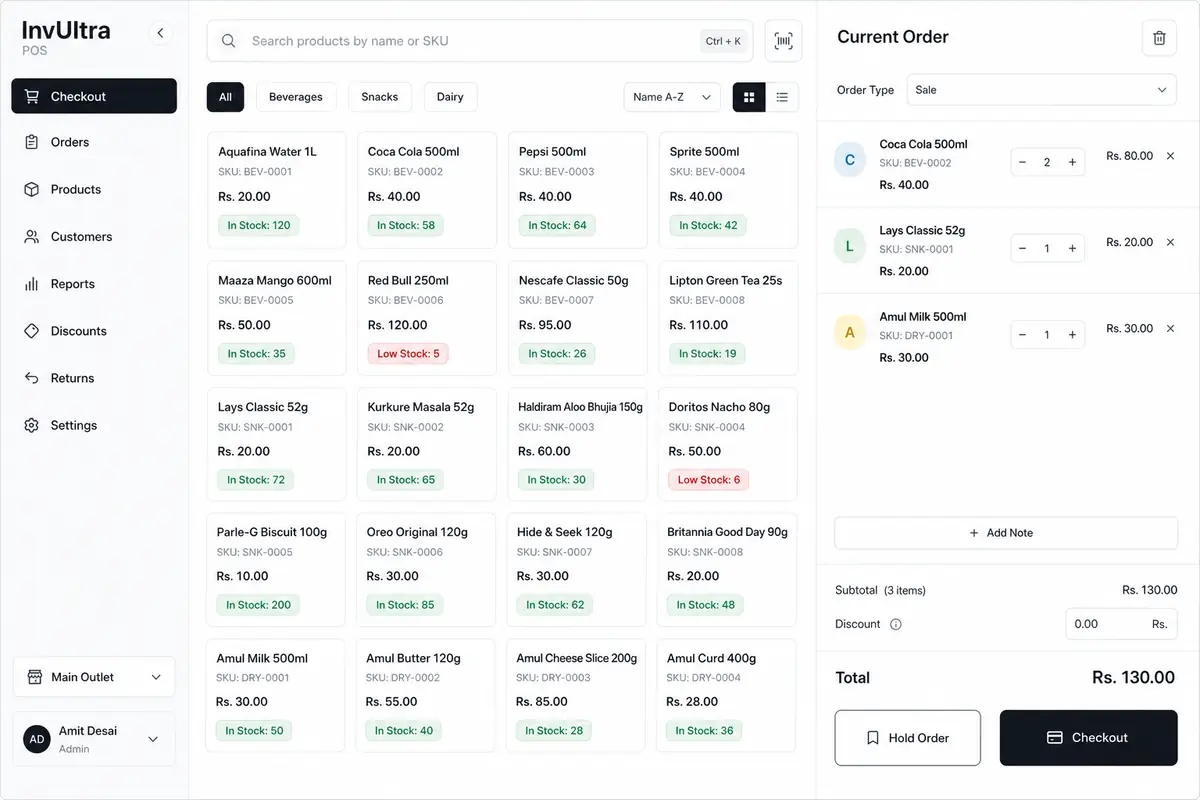 InvUltra POS checkout on desktop — product grid and cart